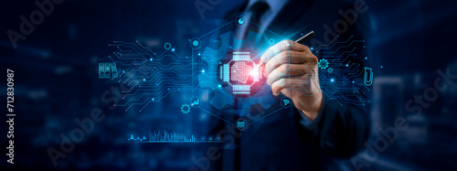 Document Concept. Businessman Pointing to Icon and Data for Global Network on Graphic Interface. Analysis; Strategies. photo