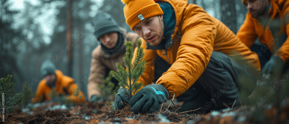 Group of young north european people planting trees. Group of young north european people planting trees.