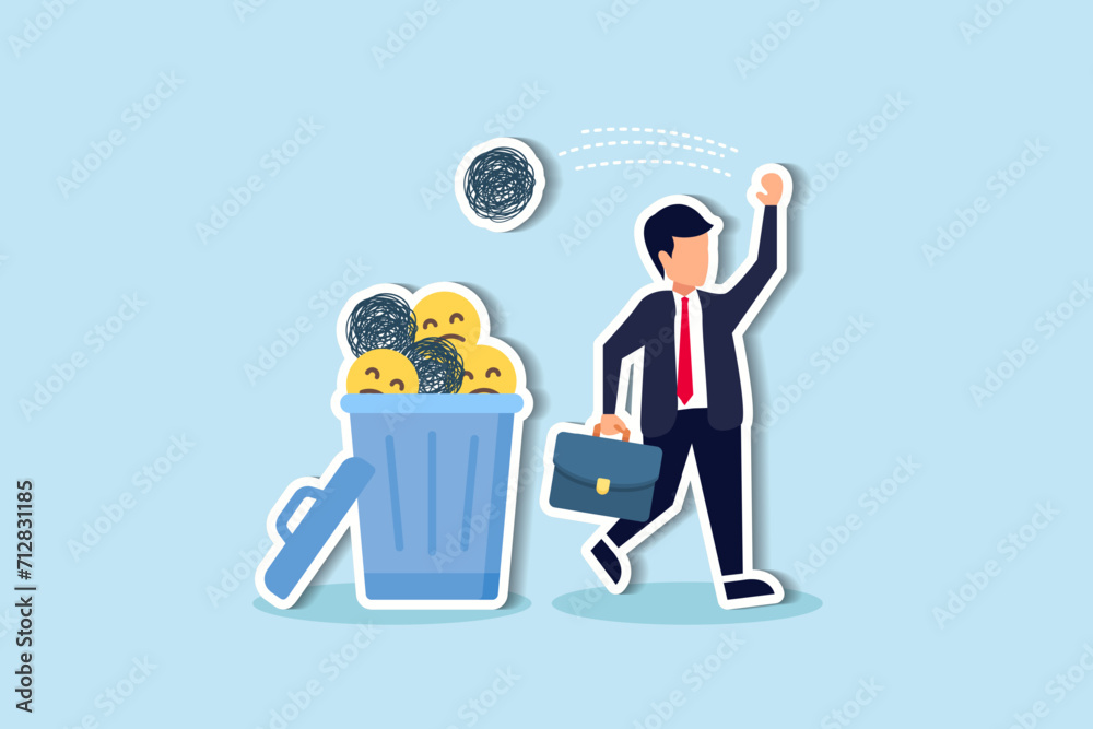 Get rid of work anxiety, stressed and unhappiness emotion, relax to gain happiness concept, happy businessman throw away stressed and anxiety into the bin. Get rid of work anxiety, stressed and unhappiness emotion, relax to gain happiness concept, happy businessman throw away stressed and anxiety into the bin.