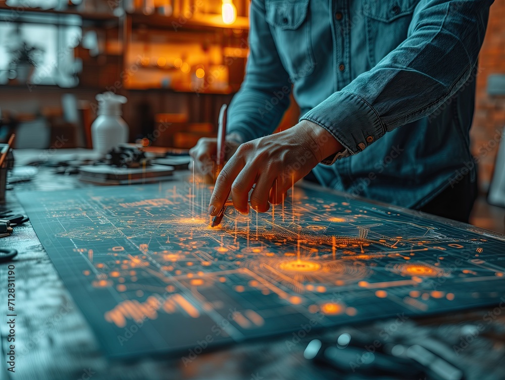 Naklejka premium The ambient noise from the meeting blends with the background sounds of construction, but the engineers remain focused and professional in advancing their project. The atmosphere of this meeting is fi
