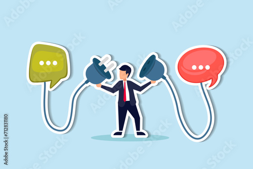 Communicate to solve problem, discussion or meeting to get new idea, collaboration or cooperate to success, connect idea for solution concept, businessman connect plug between conversation dialog.