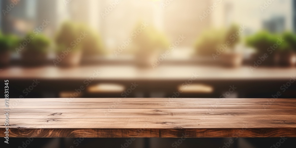 Wooden table top with coffee shop interior background, ideal for product display. Wooden table top with coffee shop interior background, ideal for product display.