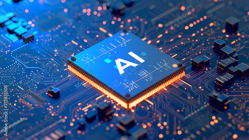powerful computer processor microchip with the word representing artificial intelligence, AI technology photo