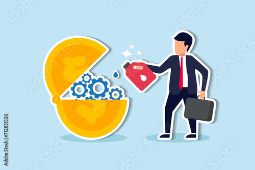 Financial or money liquidity to help economic stimulus, central bank monetary policy to help lubricate economy concept, businessman put lubricant oil on machine gear of opening money dollar coin.