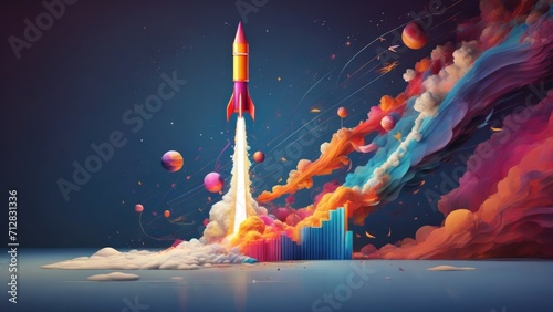 A vivid and dynamic representation of an abstract growth chart with a rocket launch, symbolizing the exhilarating journey of a startup towards success.