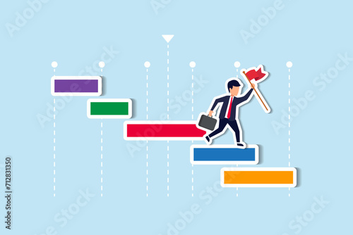 Project management waterfall Gantt chart to track complete tasks and workflow to deliver or launch target timeline concept, businessman project manager jump on project management Gantt chart.