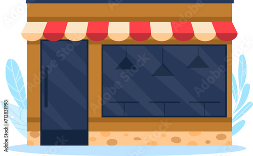 Storefront with striped awning, showcase windows, and door. Cartoon style small business shop exterior vector illustration.