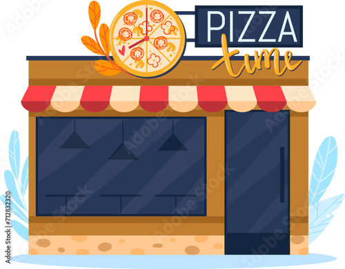 Cartoon pizza shop storefront with colorful awning and pizza sign. Quaint pizzeria facade with decorative leaves vector illustration. Cozy local business, food outlet concept illustration.