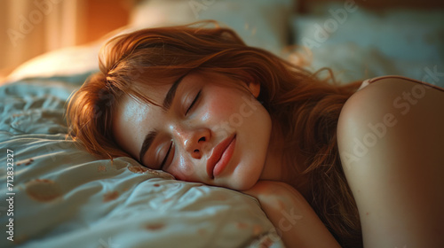 The girl has a deep sleep. The girl is lying on the bed.