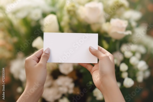 Blank card in hands with blooming roses in the background