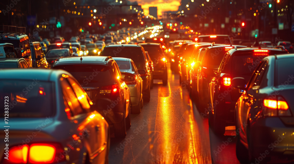 Heavy traffic of cars at night. People returning home and traffic jams.