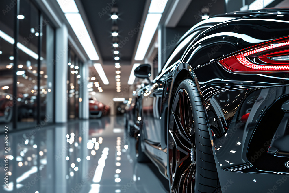 Sleek luxury cars showcased under the bright, modern lighting of a high-end car dealership's polished showroom floor. - obrazy, fototapety, plakaty 