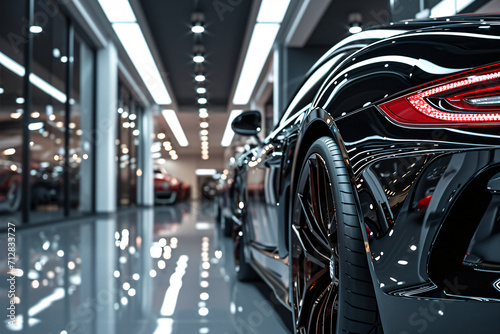 Sleek luxury cars showcased under the bright, modern lighting of a high-end car dealership's polished showroom floor. photo