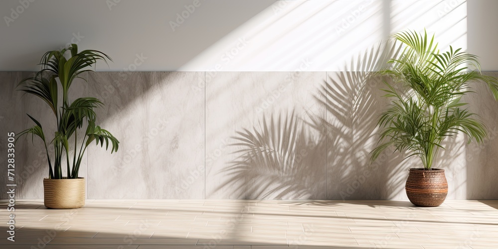 Empty tropical kitchen and bathroom with white gray marble tile wall in sunlight, palm leaf shadow, and white wood floor. Empty tropical kitchen and bathroom with white gray marble tile wall in sunlight, palm leaf shadow, and white wood floor.