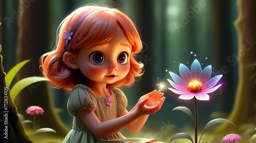 Enchanted Forest Scene with Young Girl Discovering Magical Glowing Flower