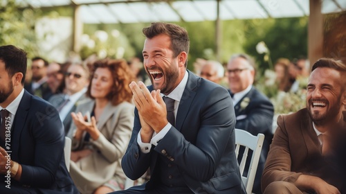 On their wedding day, the couple and guests share heartfelt laughter and joy, creating a jubilant atmosphere filled with love, happiness, and cherished moments of celebration.