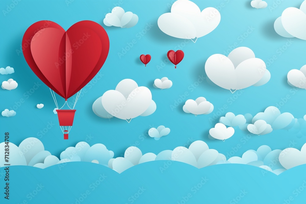 Paper hearts, clouds, flying hot air balloon