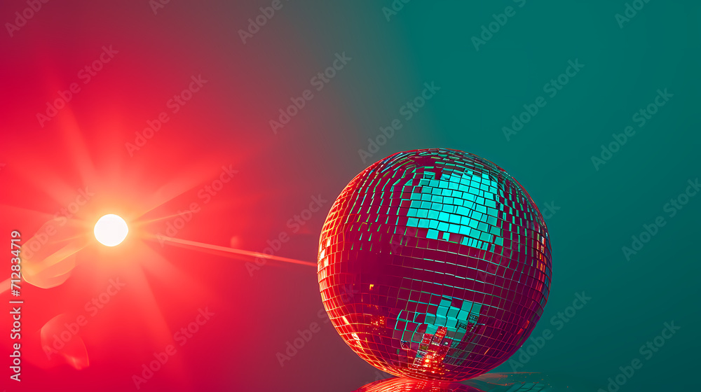 Obraz premium disco ball with disco lights, disco ball on blue red background.Illuminated Streets, Vibrant Festivities, and Glittering Decorations: A Captivating Visual Spectacle or Celebrations 