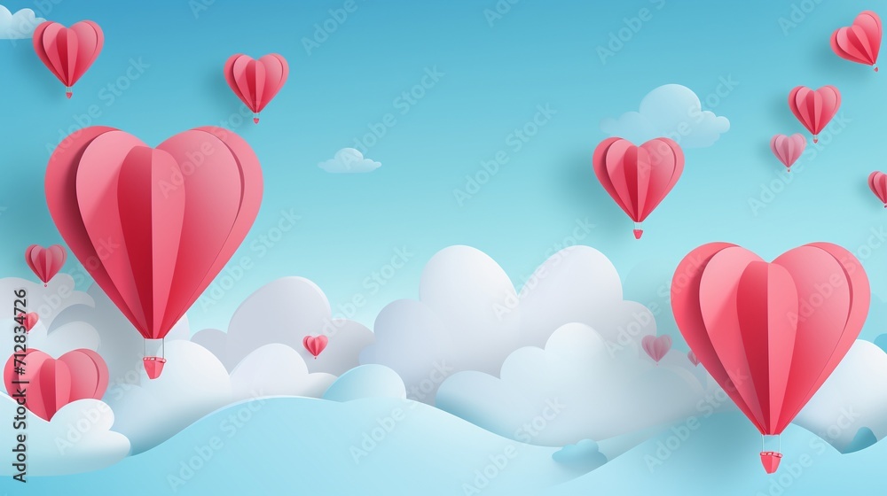 Paper hearts, clouds, flying hot air balloon