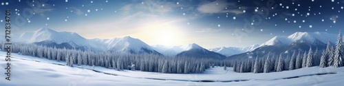 A panoramic shot capturing the serene beauty of a snow-covered alpine landscape, with frozen trees glistening in the moonlight