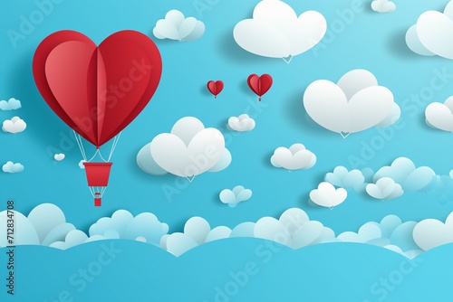 Paper hearts, clouds, flying hot air balloon