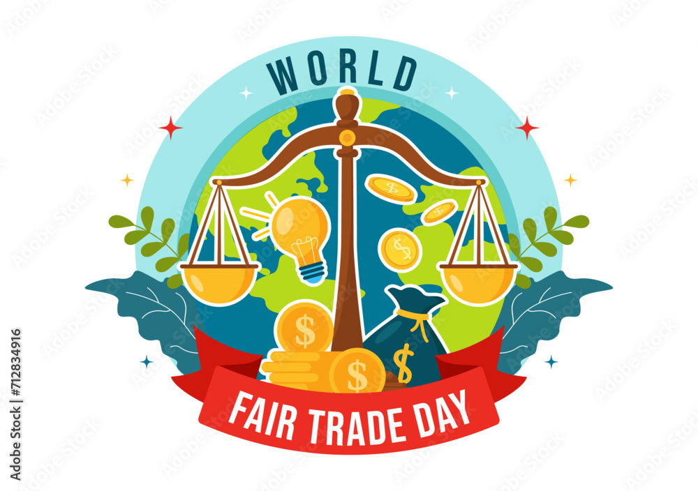 World Fair Trade Day Vector Illustration on 11 May with Gold Coins, Scales and Hammer for Climate Justice and Planet Economic in Flat Background World Fair Trade Day Vector Illustration on 11 May with Gold Coins, Scales and Hammer for Climate Justice and Planet Economic in Flat Background