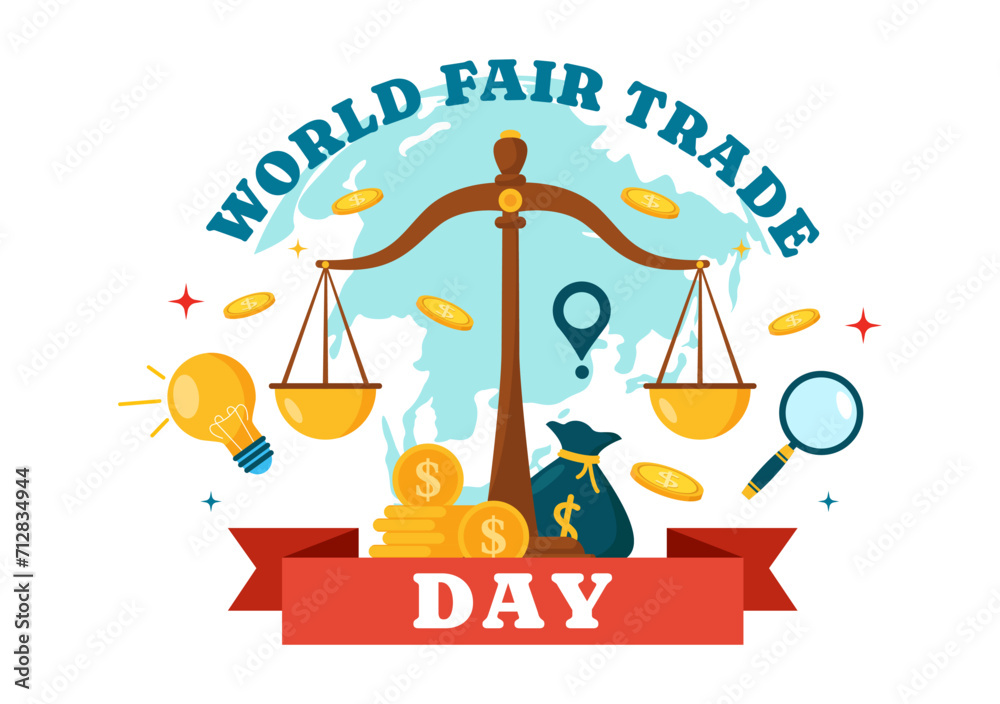 World Fair Trade Day Vector Illustration on 11 May with Gold Coins, Scales and Hammer for Climate Justice and Planet Economic in Flat Background World Fair Trade Day Vector Illustration on 11 May with Gold Coins, Scales and Hammer for Climate Justice and Planet Economic in Flat Background