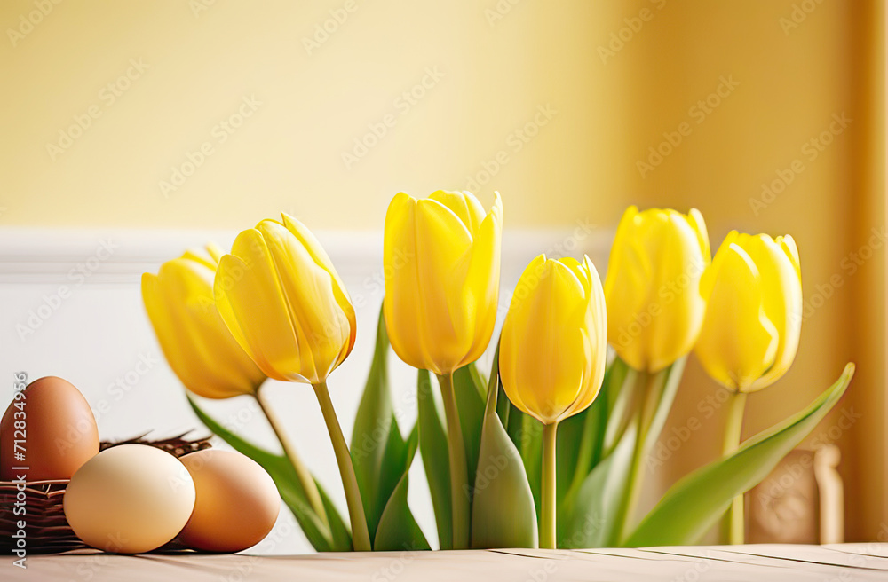 Obraz premium abstract home interior, yellow fresh tulips and easter eggs on the table, airy light background, big windows