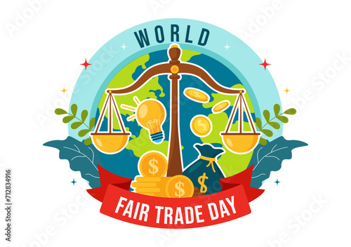 World Fair Trade Day Vector Illustration on 11 May with Gold Coins, Scales and Hammer for Climate Justice and Planet Economic in Flat Background