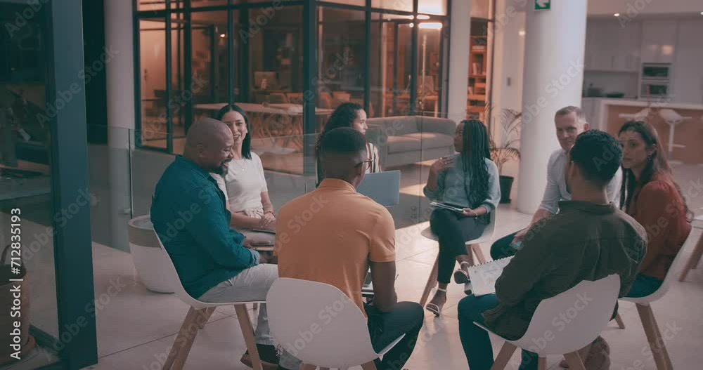Business people, circle and company with workshop for career, collaboration and team building in job. Diversity, employees and discussion of ideas, networking and professional group for work project