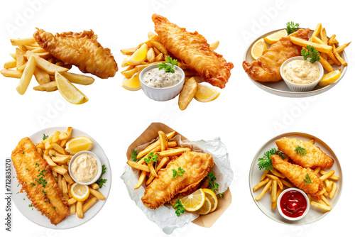 Fish and chips collection set in png no background for decoration. Created using generative AI.