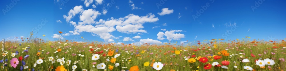 A wildflower meadow panorama in full bloom,  with a riot of colors under a clear,  blue sky