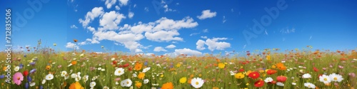 A wildflower meadow panorama in full bloom, with a riot of colors under a clear, blue sky