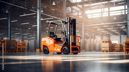 modern orange forklift in warehouse, industrial concept