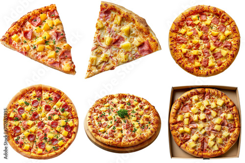 Set of Hawaiian Pizza mockup in 3d without backoground png for decoration. Created using generative AI.