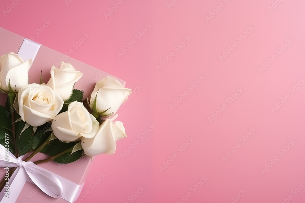 bouquet of white roses on a pink background with a gift for Valentine's Day and with a place for text, a picture for Valentine's Day, generative AI