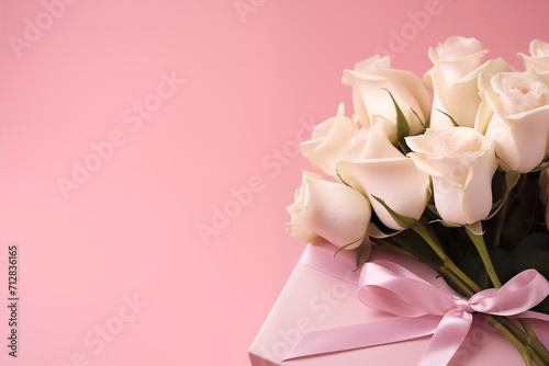 bouquet of white roses on a pink background with a gift for Valentine's Day and with a place for text, a picture for Valentine's Day, generative AI