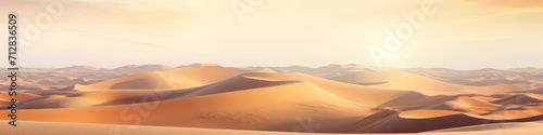A surreal desert landscape captured in panoramic view   featuring dunes shaped by the winds and bathed in golden sunlight