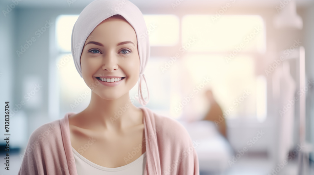 Naklejka premium Portrait of beautiful young woman with cancer that is smiling. World cancer day. Space for text. Generate AI