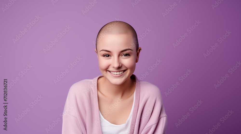 Studio photo of smiling and optimistic female cancer patient with flowers. World cancer day. Space for text. Generate AI Studio photo of smiling and optimistic female cancer patient with flowers. World cancer day. Space for text. Generate AI