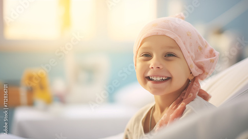 Portrait of little girl with cancer that is smiling on a blurred hospital background. World cancer day. Generate AI