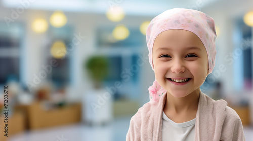 Portrait of little girl with cancer that is smiling on a blurred hospital background. World cancer day. Space for text. Generate AI