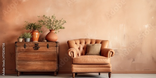 Vintage armchair, wooden chest, and couch in a cozy living room with beige wall and painted floor.