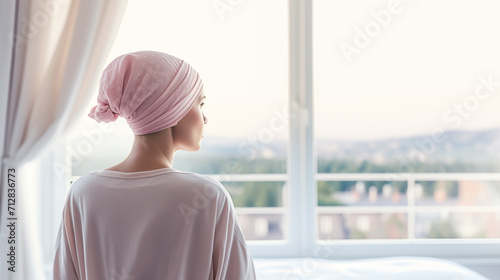 Photo from behind of beautiful young woman with pink turban for cancer day. World cancer day. Space for text. Generate AI