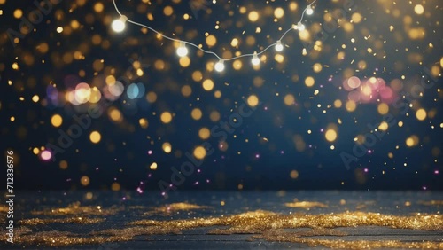 Animasi 4K latar belakang partikel abstrak dengan bintang emas berkilau dan bersinar. Cahaya Natal di latar belakang bokeh. Latar belakang tekstur foil emas. photo