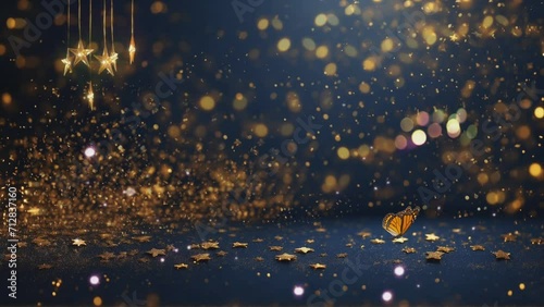 Animasi 4K latar belakang partikel abstrak dengan bintang emas berkilau dan bersinar. Cahaya Natal di latar belakang bokeh. Latar belakang tekstur foil emas. photo