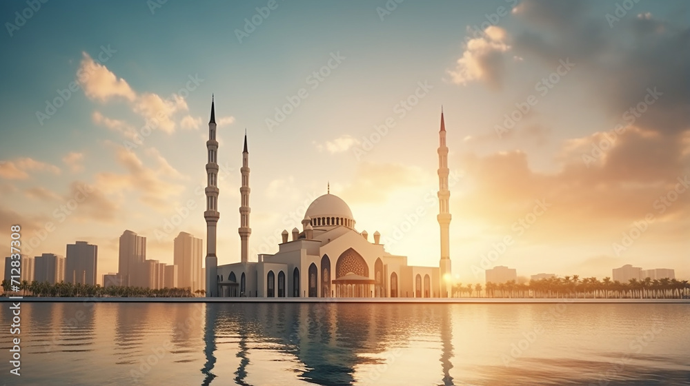Naklejka premium Sharjah mosque beautiful sunset view second biggest mosque in United Arab Emirates