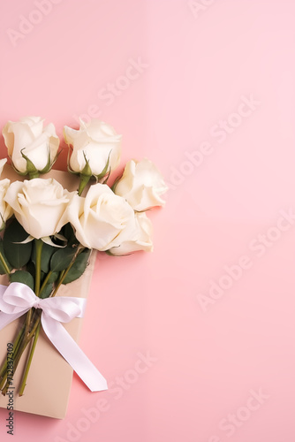 bouquet of white roses on a pink background with a gift for Valentine s Day and with a place for text  a picture for Valentine s Day  generative AI