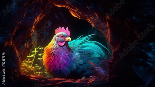 Hen Neon light animal sitting cave pictures AI Generated Art