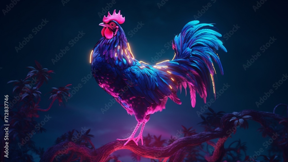 Hen Neon light animal standing in the tree AI Generated pictures